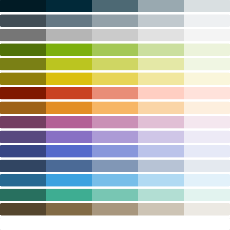 A sample of color swatches in dark blue, navy, grey-blue, grey, light green, lime green, yellow green, yellow, orange, red, pink, purple, teal, brown, navy